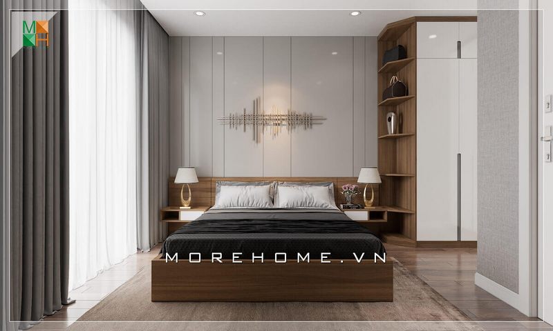 Mẫu giường ngủ gỗ công nghiệp hiện kết hợp kệ trang trí đầu giường rất tiện ích và tiện nghi.